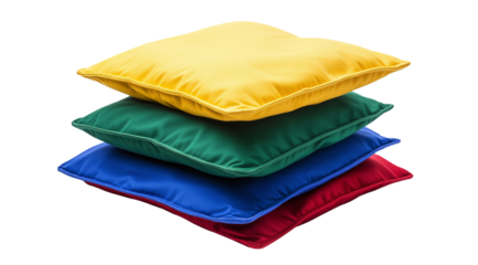 PNG, Bed. A set of colored pillows isolated on a white background, created by Generative AI technology.