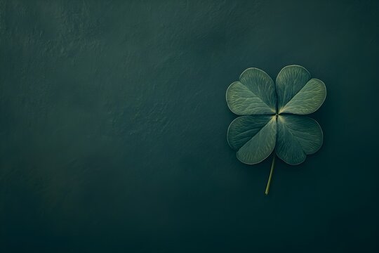 Four-leaf green clover for good luck on St. Patrick's Day, bright green background, holiday concept of spring, plant clover symbol. 