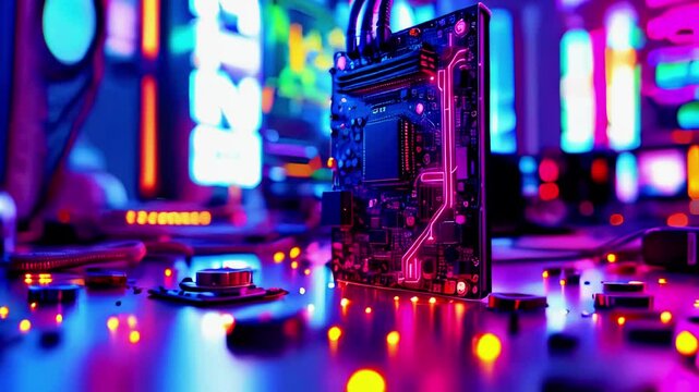 Close-up of a vibrant circuit board illuminated by colorful neon lights in a tech-inspired environment