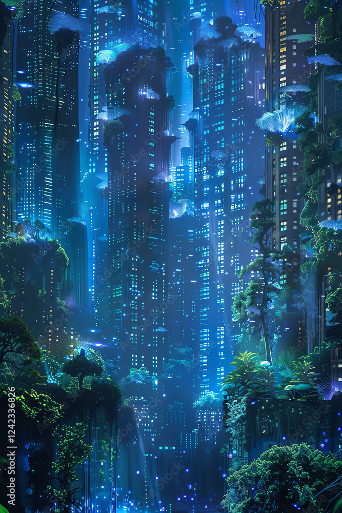 Poster capture the essence of a futuristic cityscape with bioluminescent architecture in a surrealist style