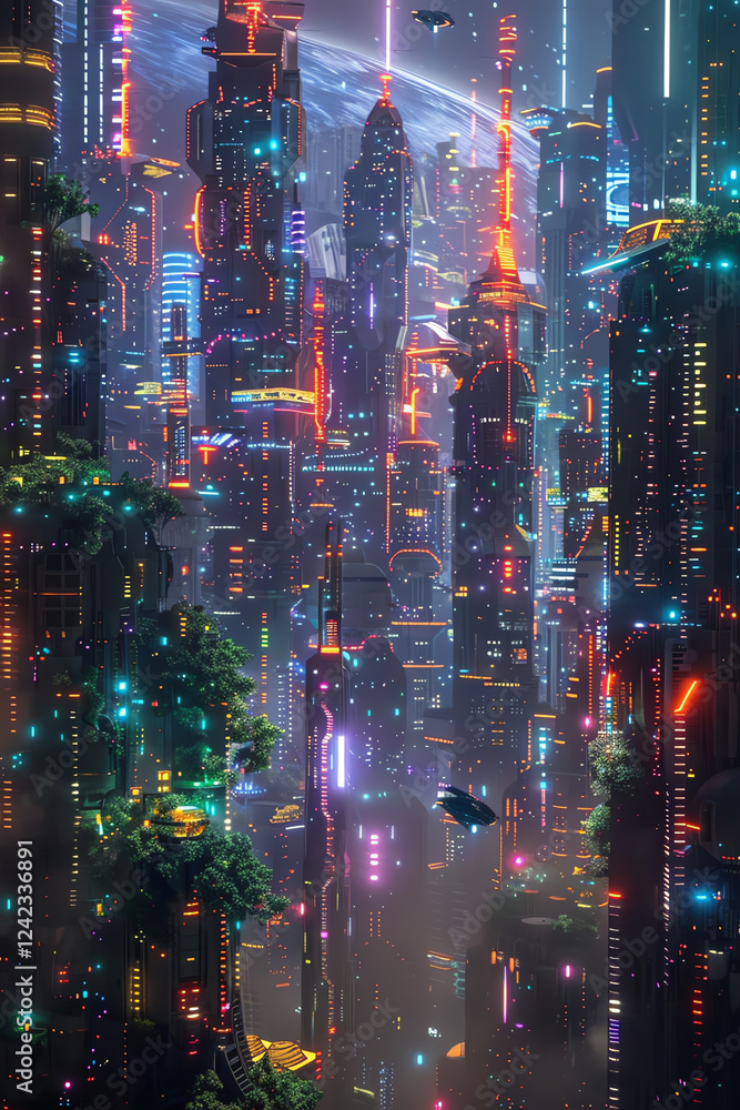 Poster capture the essence of a futuristic cityscape with bioluminescent architecture in a surrealist style