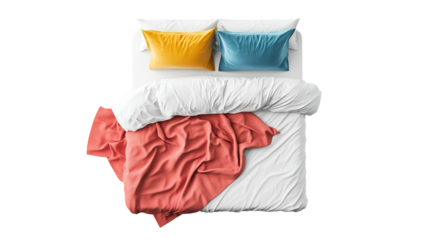 PNG, Bed. Colored bed elements: pillow, sheet, blanket, isolated on white background, created using Generative AI technology.