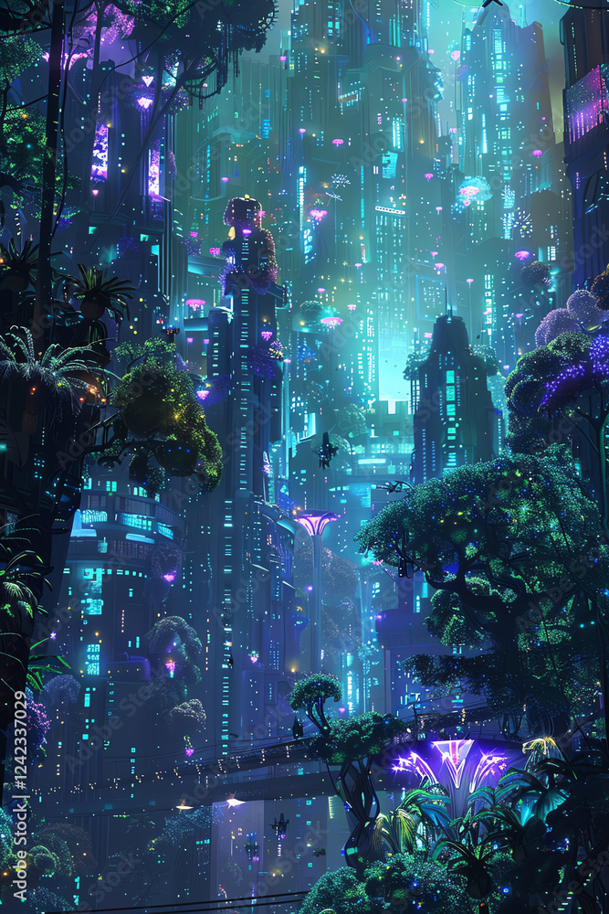 Poster capture the essence of a futuristic cityscape with bioluminescent architecture in a surrealist style