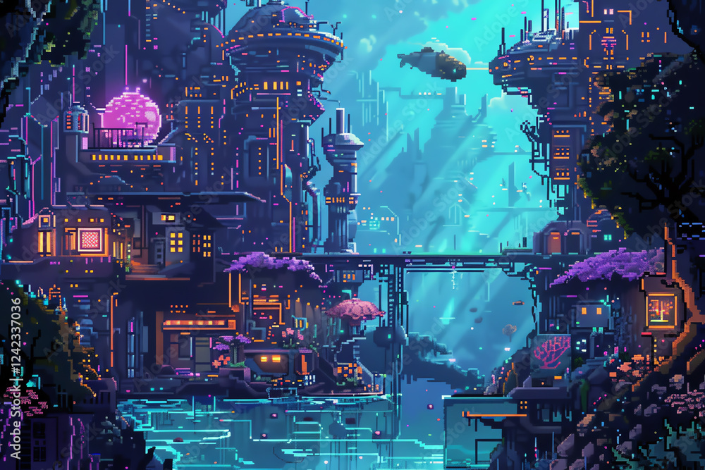 Poster capture the essence of a surreal underwater city in pixel art, utilizing unexpected camera angles to