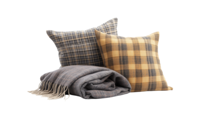 PNG, Bed. Set of decorative pillows in a checkered pattern, isolated on a white background, created using Generative AI technology.