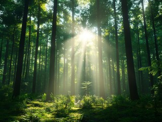 Obraz premium Enchanting Forest with Sunlight Beams