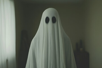 ghostly figure in white costume stands eerily in dimly lit room, evoking haunting atmosphere perfect for Halloween