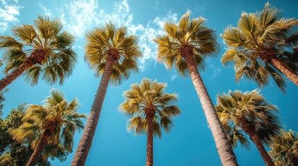 Low angle view of palm trees on a clear day with blue sky background for travel use