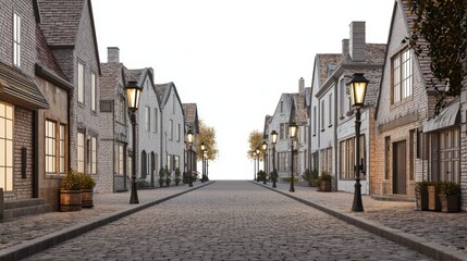 Fototapeta premium Charming cobblestone street lined with classic residential houses and traditional lamp posts during calm early evening light
