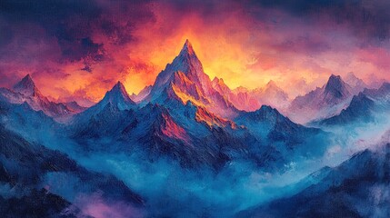 A surreal mountain range painted in vibrant oil textures and glowing accents