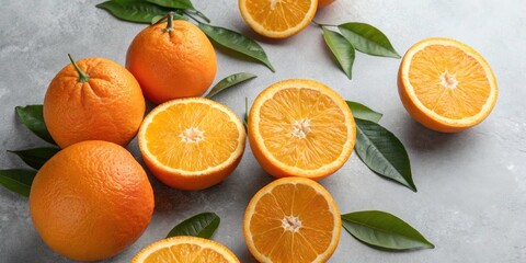 Fresh Halved and Whole Oranges with Green Leaves on Gray Background - Citrus Fruits, Healthy Eating, Organic Produce, Vitamin C, Bright Colors, Food Photography, Natural Freshness