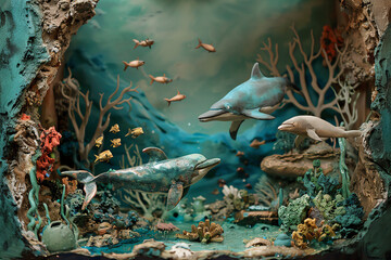 Craft a clay sculpture diorama depicting a dreamy underwater exploration scene with fantastical sea creatures, utilizing unexpected angles to evoke wonder and awe