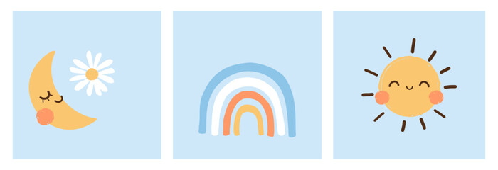 Sleeping moon, daisy flower, rainbow and happy sun on blue backgrounds vector.