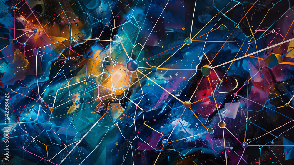 Poster craft an oil painting capturing the fusion of abstract art and blockchain technology, portraying an 