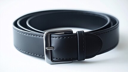 Black leather belt with metal buckle on white background