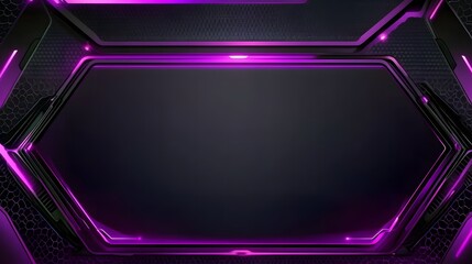 Futuristic purple neon light hexagon frame background designed for gaming and technology themes. A glowing geometric structure with a dark backdrop, creating a high-tech and cyber-inspired atmosphere