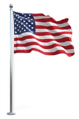 Fototapeta premium Flag waving on pole, isolated, white background, for patriotic display