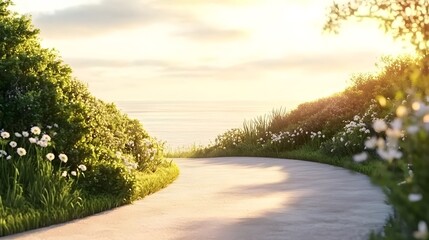 Fototapeta premium Beautiful pathway adorned with flowers and lush greenery leading to the ocean, bathed in golden hour lighting. A serene and scenic coastal view with warm sunlight creating a dreamy