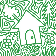 Green house doodle with good environment. Hand drawn illustration for sticker, postcard, wallpaper, mural, fabric, prints, etc © Doodlerz