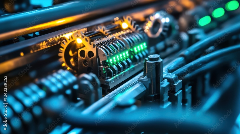 Poster close up of intricate machinery with gears rotating and leds emitting a vibrant green light, showcas