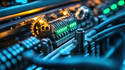 Close up of intricate machinery with gears rotating and leds emitting a vibrant green light, showcasing the complexity and precision of modern engineering