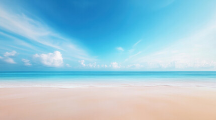 Fototapeta premium serene beach scene with soft waves lapping at shore under bright blue sky. tranquil atmosphere invites relaxation and peace