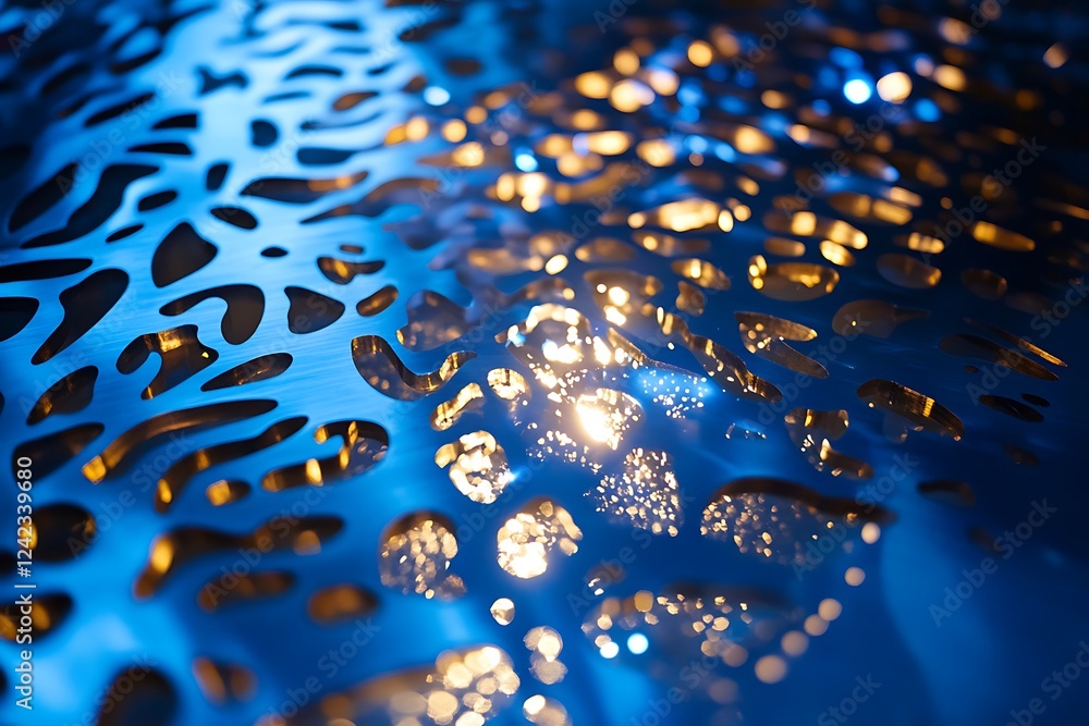 Poster blue abstract background with bokeh defocused lights. close up.