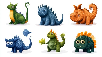 Naklejka premium Cute Colorful Cartoon Dinosaurs in Playful Poses for Children