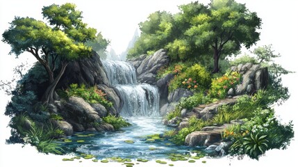 Fototapeta premium Serene Landscape with Cascading Waterfall Surrounded by Lush Greenery and Vibrant Flora in a Tranquil Natural Setting