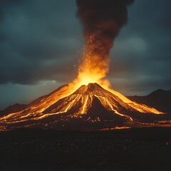 Powerful Volcanic Eruption Lighting up the Night Sky with Fiery Molten Lava Flowing Down the Majestic Mountain