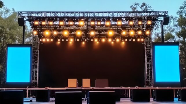 Large outdoor stage with LED screens and bright blue lighting set up for an open-air concert event during the daytime. Enhancing the vibrant festival atmosphere with an energetic and celebratory mood