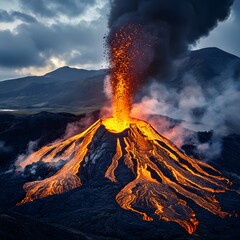 Dramatic Erupting Volcano Spewing Fiery Lava and Billowing Smoke Against Ominous Cloudy Sky