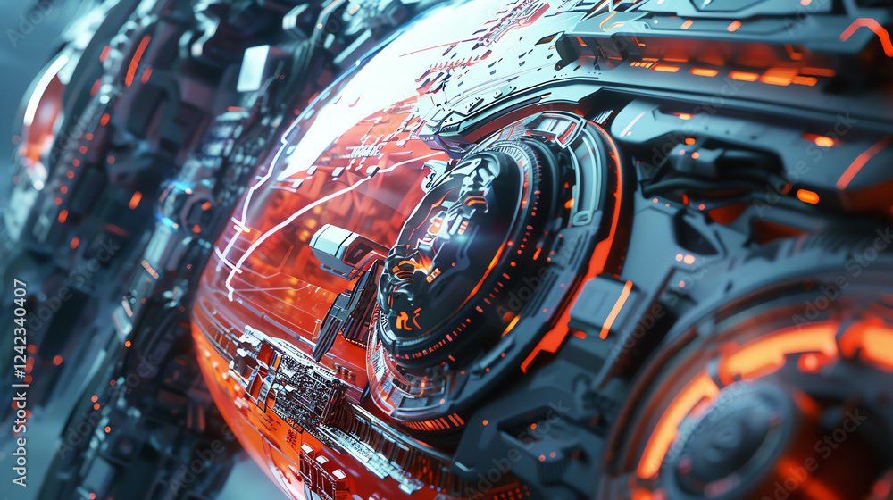 Poster explore the intricate details of futuristic technologies from a worms-eye view using cg 3d rendering