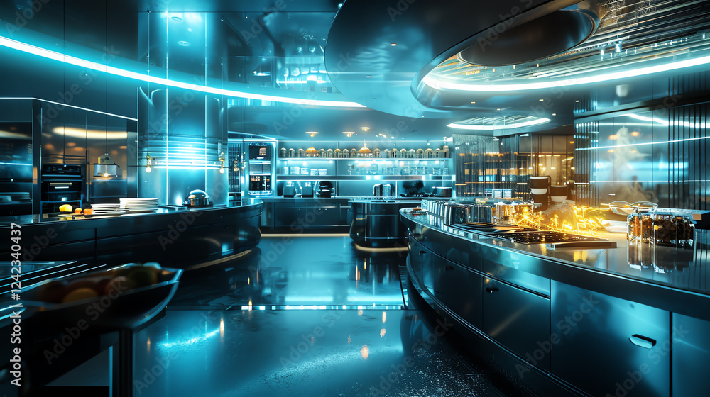 Poster illuminate the intricate fusion of sleek futuristic technologies and vibrant culinary arts in a phot