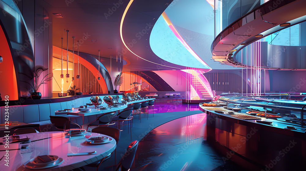 Poster illuminate the intricate fusion of sleek futuristic technologies and vibrant culinary arts in a phot