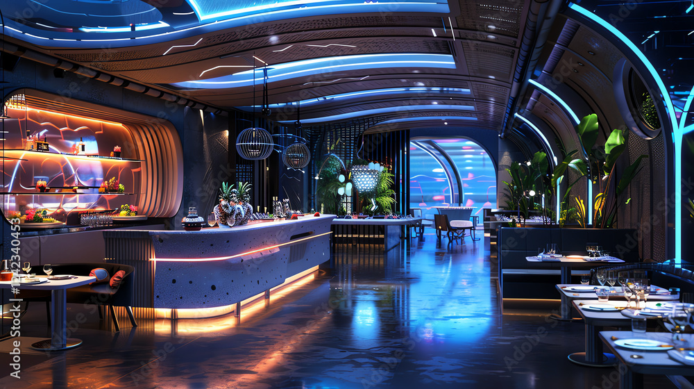 Poster illuminate the intricate fusion of sleek futuristic technologies and vibrant culinary arts in a phot