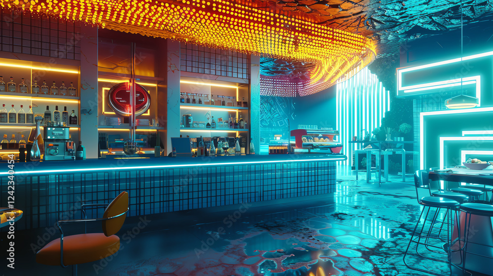 Poster illuminate the intricate fusion of sleek futuristic technologies and vibrant culinary arts in a phot