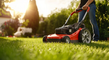 Fototapeta premium Farmer. Gardener. Lawn mower close-up, with space for text, created using Generative AI technology.