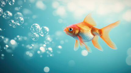 Fototapeta premium vibrant goldfish swims gracefully through clear water, surrounded by shimmering bubbles, creating serene and magical underwater scene