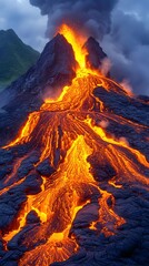 Fiery Volcanic Eruption Spewing Scorching Lava and Ash from a Majestic Mountain