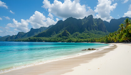 Obraz premium A tropical beach with soft white sand, crystal-clear turquoise waters, and lush green mountains towering in the background.