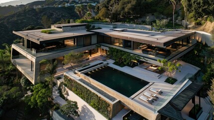 aerial corner view of a mansion located in malibu. Thick concrete elements