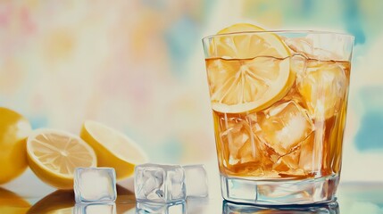 Elegant Glass of Iced Tea with Lemon Slice and Ice Cubes