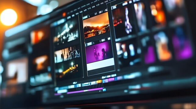 Close-up of video editing software on a computer screen, showcasing multiple movie trailer scenes being processed for digital media. Professional video post-production interface displaying