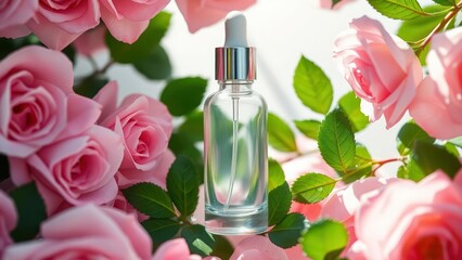 a glass bottle of clear serum or essential oil nestled amongst a vibrant bouquet of pink roses.  The sunlight adds a warm glow, and the image exudes elegance and tranquility.  Generative AI