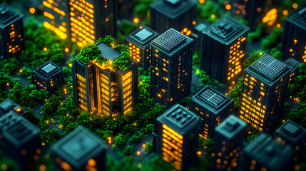 Post-carbon society future cityscape twilight light with urban greenery