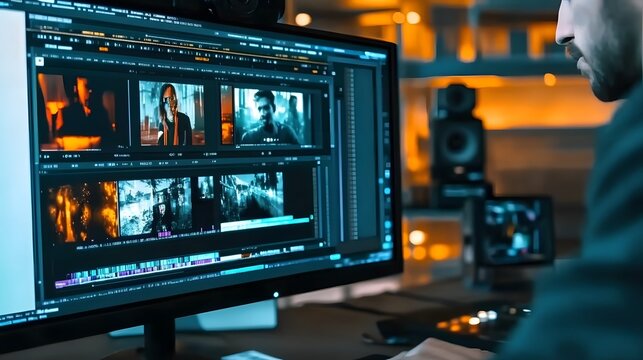 Close-up of video editing software on a computer screen, showcasing multiple movie trailer scenes being processed for digital media. Professional video post-production interface displaying