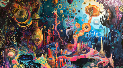 Incorporate surreal oceanic creatures in vibrant acrylic colors, capturing a worms-eye view of a whimsical underwater cityscape