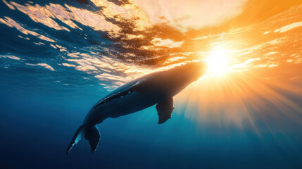 Fototapeta premium majestic whale swims gracefully beneath shimmering surface, illuminated by warm glow of setting sun. tranquil ocean scene evokes sense of wonder and peace