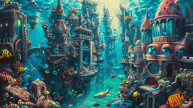Incorporate surreal oceanic creatures in vibrant acrylic colors, capturing a worms-eye view of a whimsical underwater cityscape